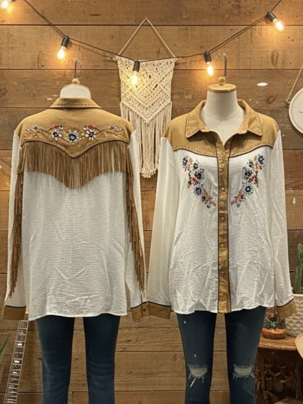 John Moon Western Fringe Embroidered Cowgirl Rodeo Boho Button Down Shirt